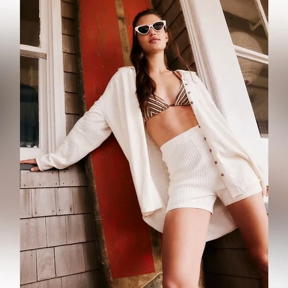 Free People Zuma Sweater Set Button Down Shirt Knit shorts - Picture 1 of 15